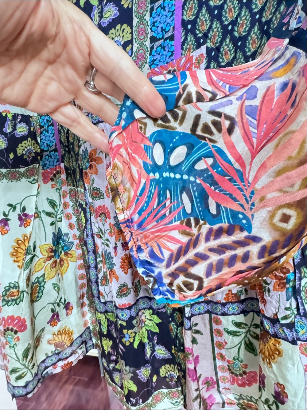 All About Her Blue Multicolor Patchwork Floral Button-Front Blouse - Picture 6 of 8